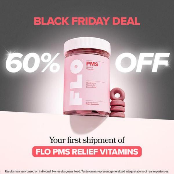 A high-contrast, minimalist promotional graphic for PMS relief vitamins featuring a clear discount offer and a focused product image.
